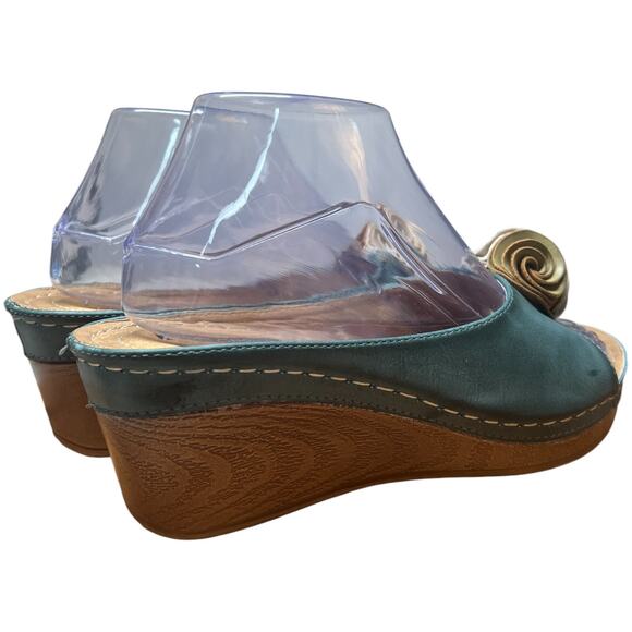 GOOD CHOICE Sydney Size 7.5 Turquoise Slip On Wedge Heel Sandals Floral Flower - Picture 5 of 14